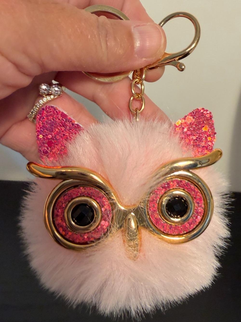 Pink Fuzzy Owl Keychain/Bag charm with Gold Accents